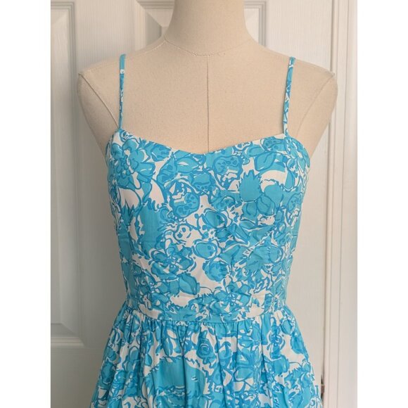 Lilly Pulitzer Ollie Dress Shorely Blue Floral Fit and Flare Dress Thin Strap 2 - Picture 2 of 7